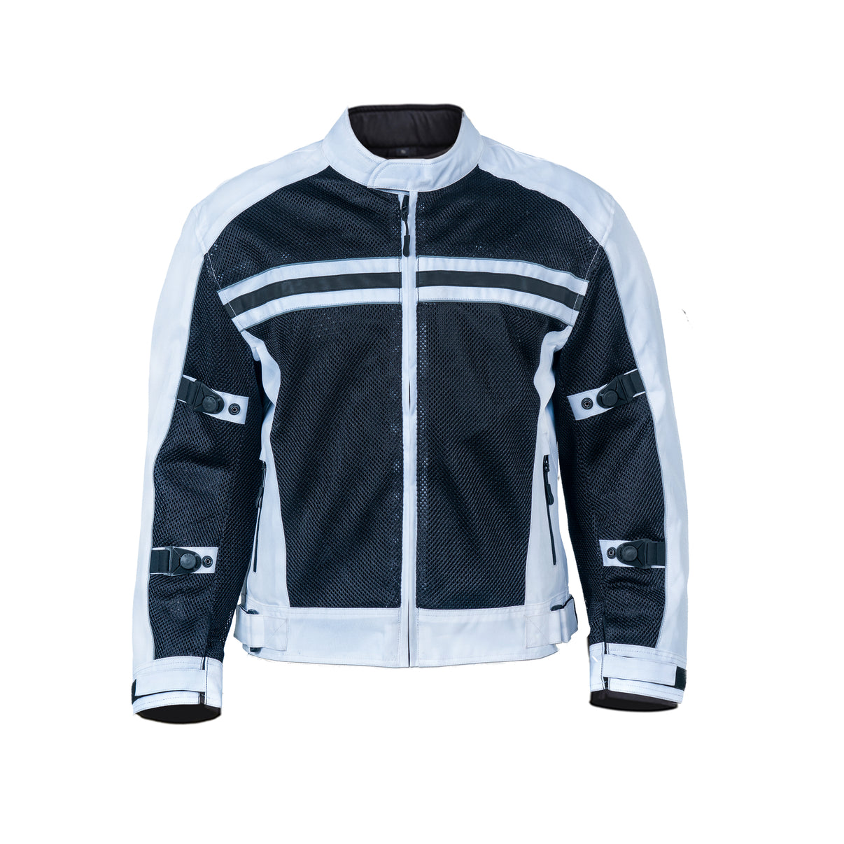 Front view of a white mesh motorcycle jacket with 600D textile shell and CE Level 1 armor