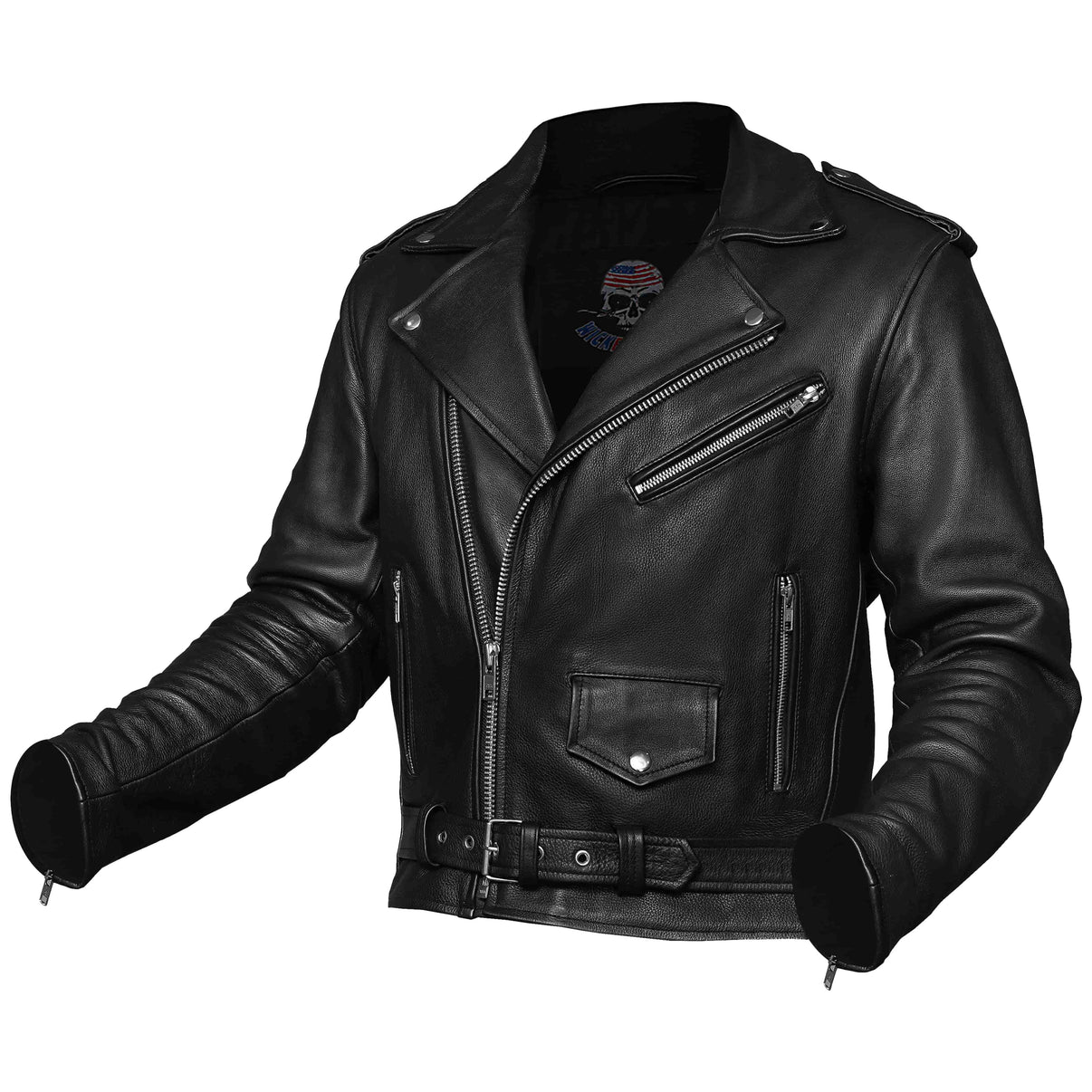 Men's black leather motorcycle biker jacket, front three-quarter side angle showing asymmetrical zip closure, notch lapels, zippered chest pocket, and buckle belt