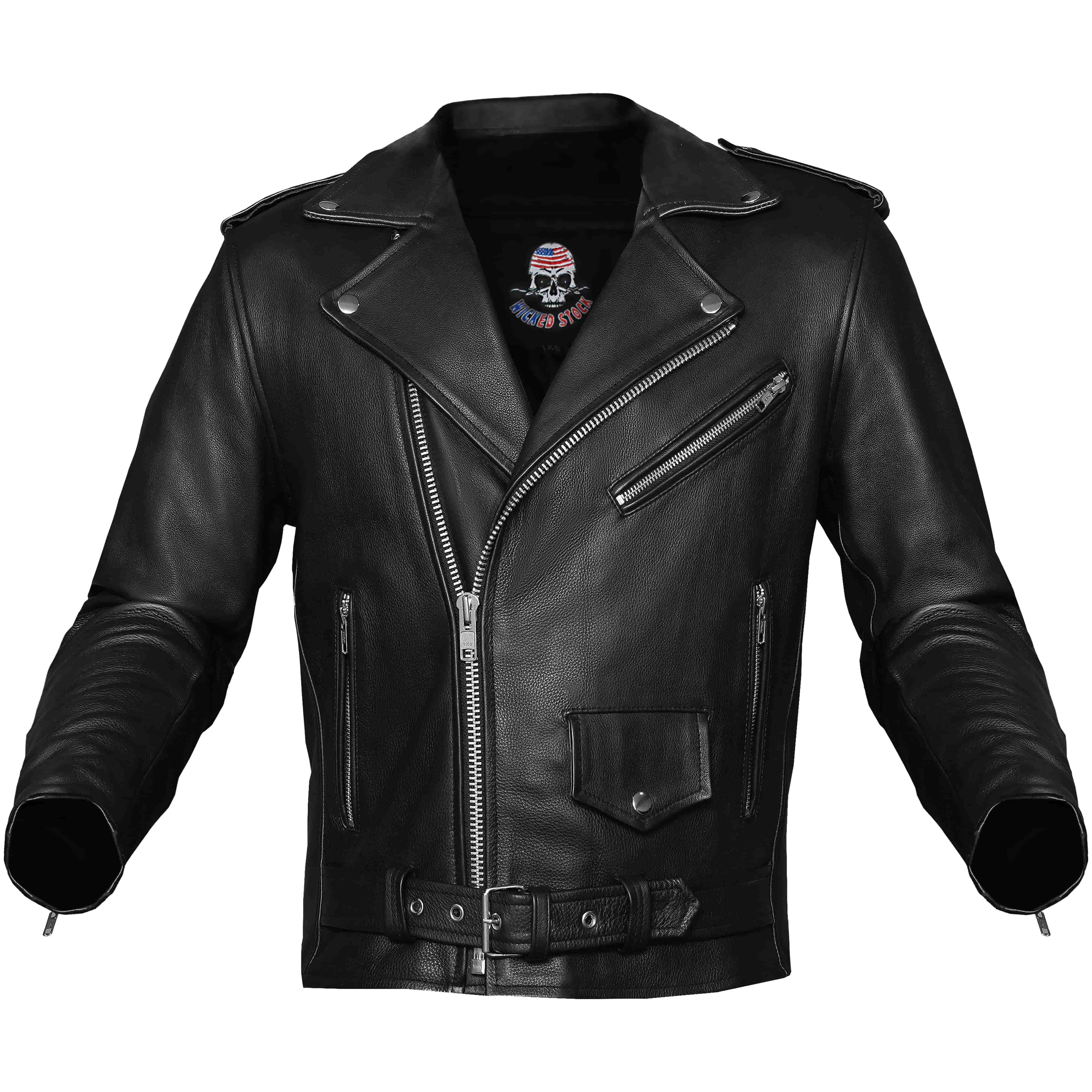 Men's black leather motorcycle biker jacket, front view with asymmetrical zipper, snap-down lapels, belted waist, and multiple zippered pockets