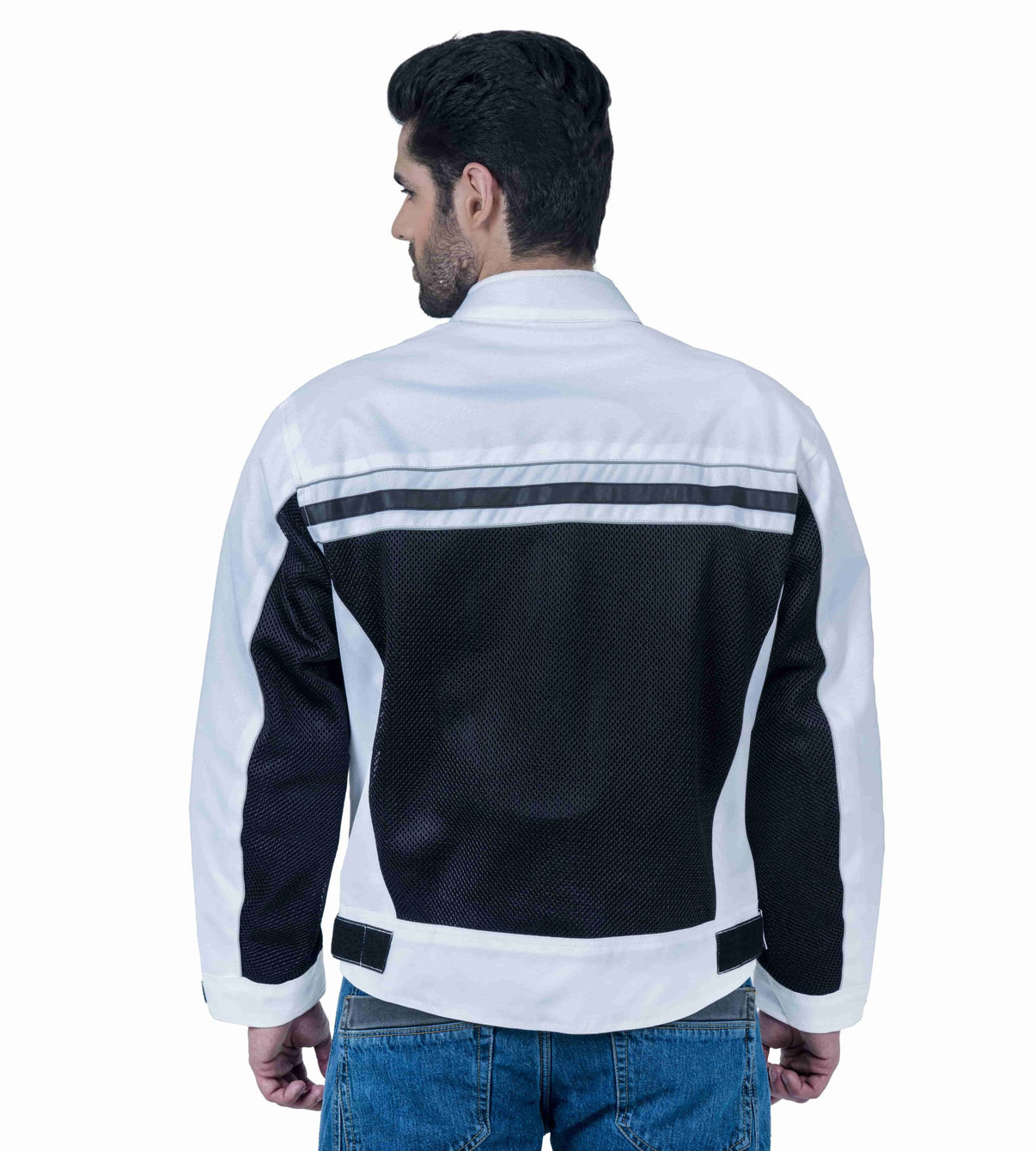 A model wears a white and black mesh motorcycle jacket with reflective striping and a 600D shell