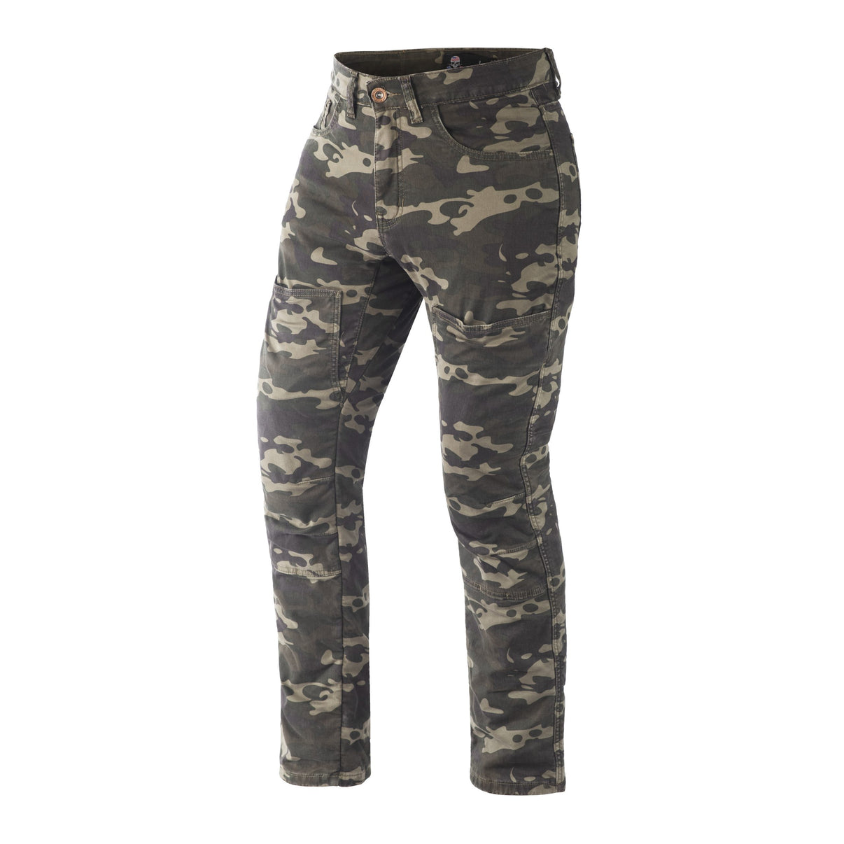 Camo motorcycle riding pants with pockets and YKK zippers, featuring CE Level 2 armor and aramid lining