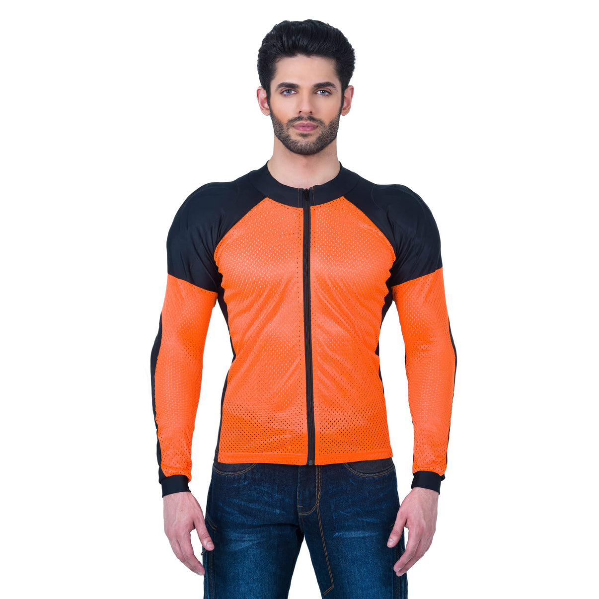 Front view of a model wearing an orange and black mesh motorcycle riding shirt with a full-length front zip