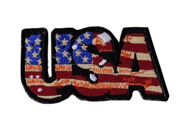 This front-view embroidered biker patch features red, white, and blue stitching