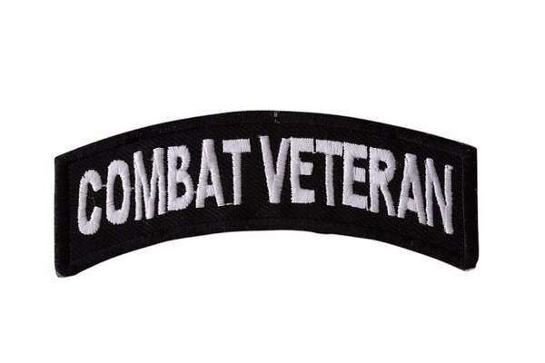 Front view of a black embroidered biker patch featuring white stitching