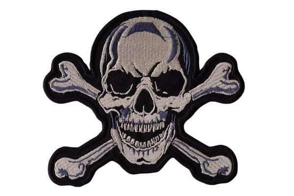 Front view of an embroidered biker patch featuring white stitching of a skull and crossbones