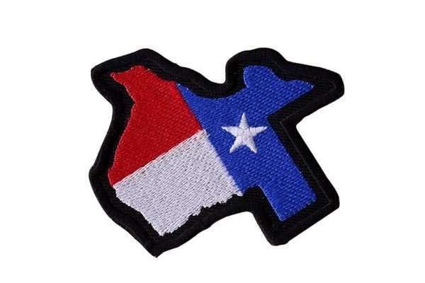 A close-up of a red, white, and blue embroidered biker patch with black stitching