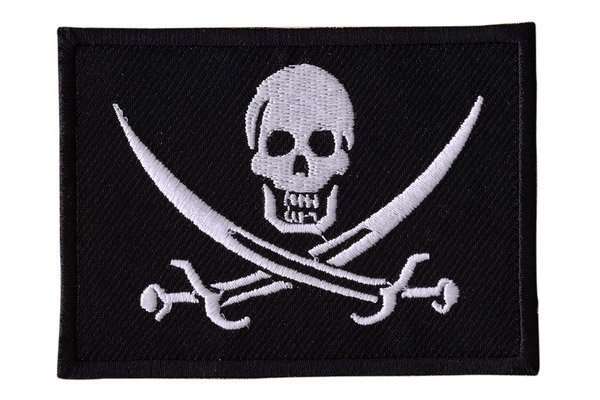 A front view of a black embroidered biker patch featuring white stitching