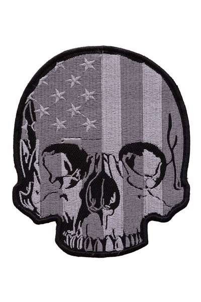 Front view of a grey and black embroidered biker patch featuring a skull design
