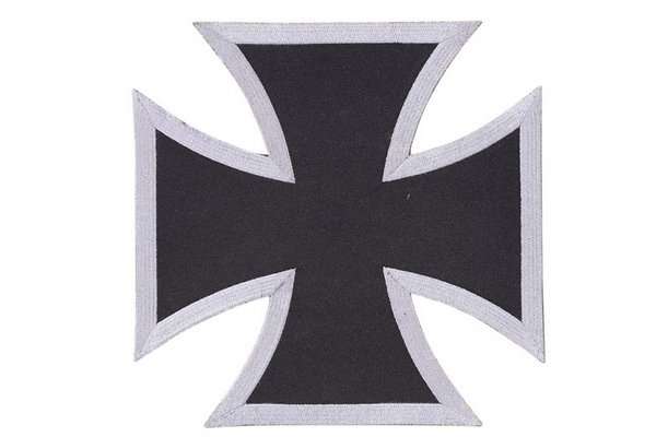 Close-up of a black embroidered biker patch featuring white stitching