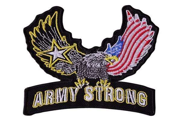Close-up front view of an embroidered biker patch featuring an eagle, star, and text