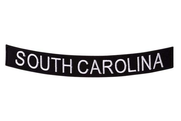 Front view of a black embroidered biker patch with white stitching