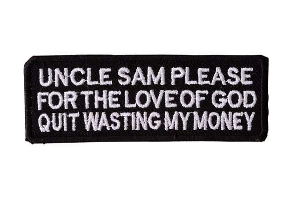Front view of a black embroidered biker patch with white stitching