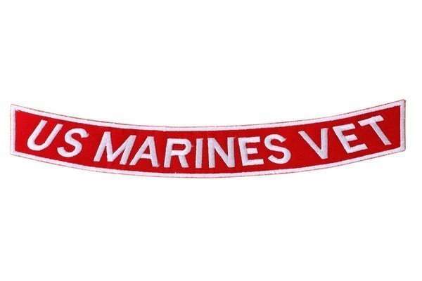 Front view of a red embroidered biker patch with white stitching