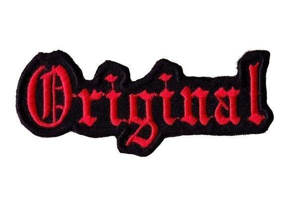 Front view of a black and red embroidered biker patch with dense stitching