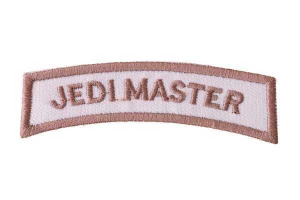 Front view of an embroidered biker patch with pink borders and text