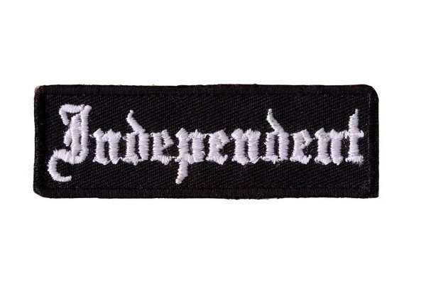 Close-up front view of a black embroidered biker patch with white stitching