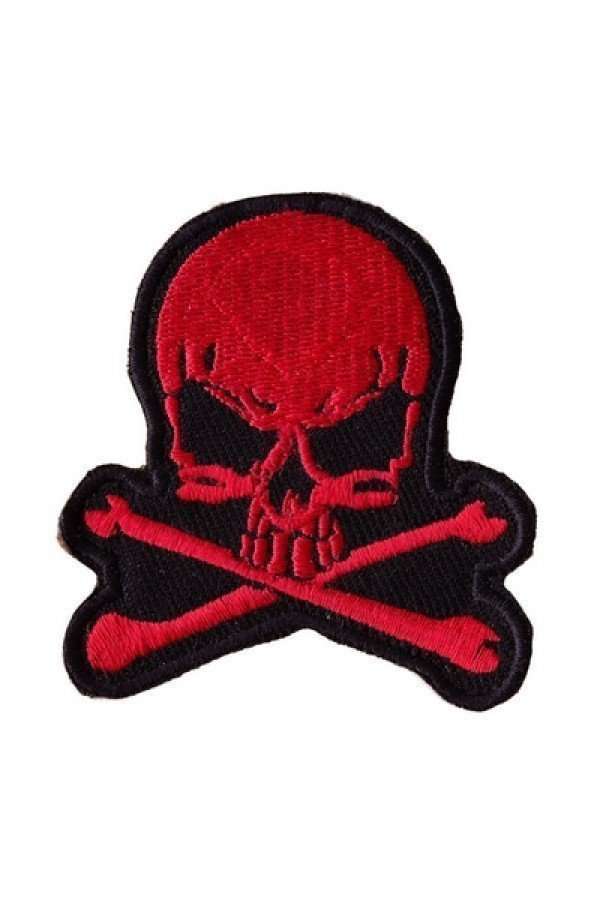 A close-up view of a red and black embroidered biker patch featuring a skull and crossbones