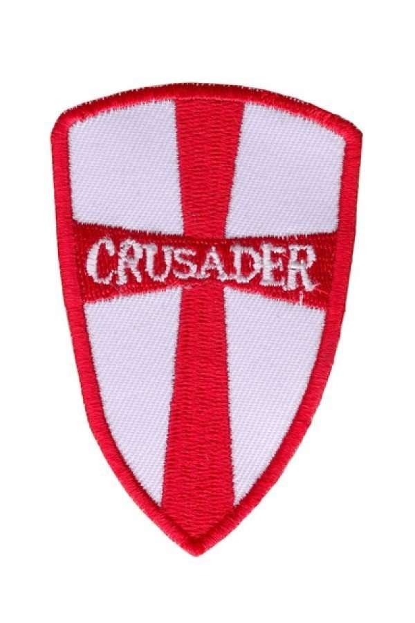 Front view of a red and white embroidered biker patch with border stitching