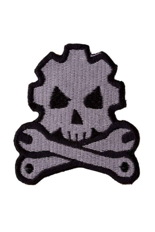 Front view of a grey and black embroidered biker patch featuring a skull and crossed wrenches