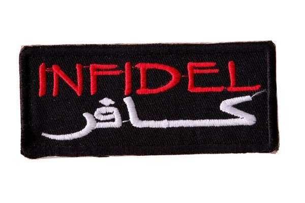 Front close-up of a black embroidered biker patch with red and white stitching