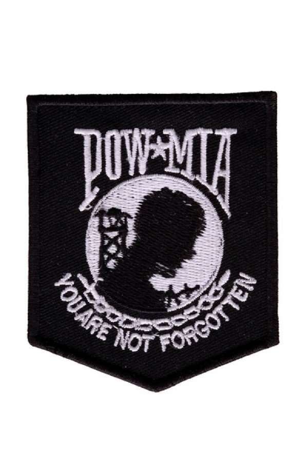 A front view of a black embroidered biker patch featuring white stitching and text