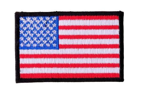 Front view of a red, white, and blue embroidered biker patch with a black border