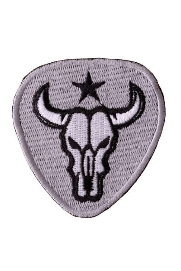 Close-up front view of a grey embroidered biker patch featuring stitched borders