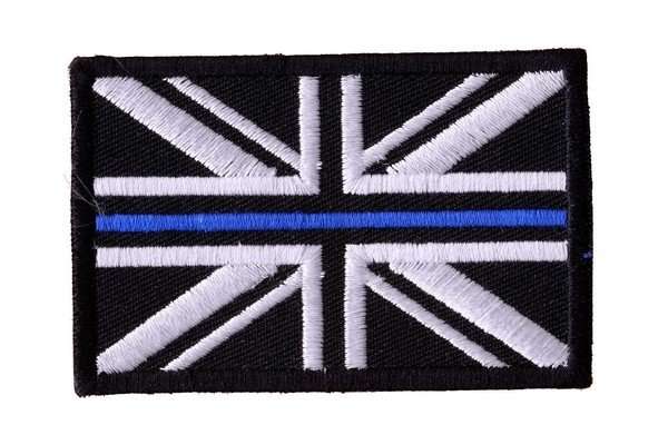 Front view of a black, white, and blue embroidered biker patch