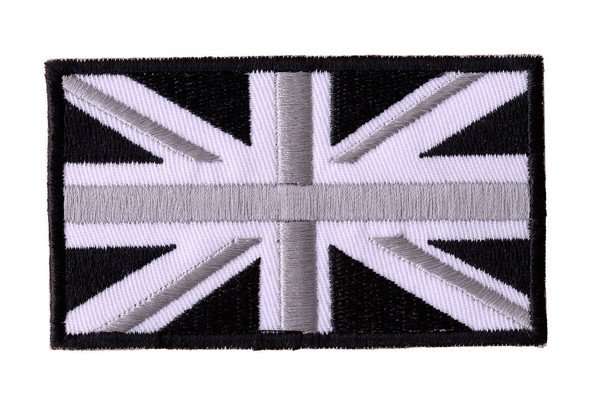 Close-up of a grey, white, and black embroidered biker patch featuring a Union Jack design