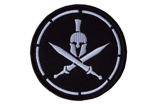 Front view of a black embroidered biker patch featuring white stitching