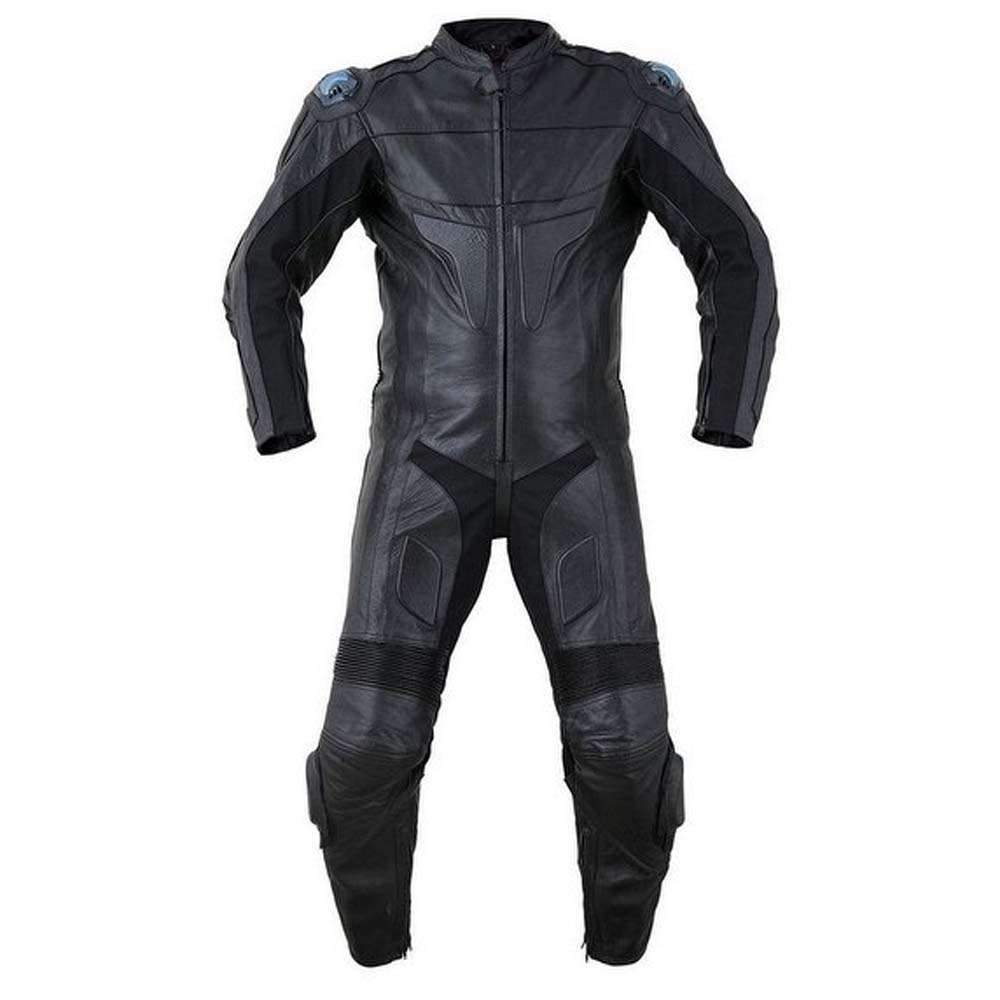 Front view of a black leather motorcycle race suit featuring stretch panels and YKK zippers