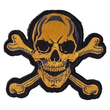 Front view of a yellow and black embroidered biker patch featuring a skull and crossbones
