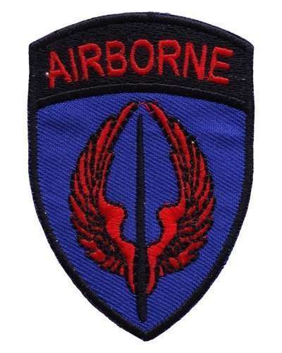 Front view of a blue and red embroidered biker patch with black stitching