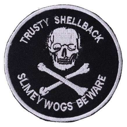 A black embroidered biker patch with white skull and crossbones