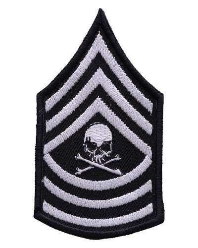 Close-up of the black embroidered biker patch with white stitching and a skull design