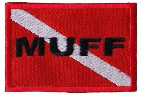 Front view of a red embroidered biker patch with white stitching and black text