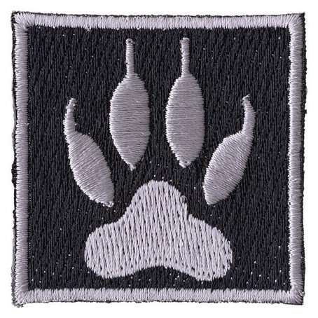 Front view of a black embroidered biker patch featuring white stitching