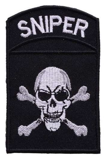 Front view of a black embroidered biker patch with white stitching
