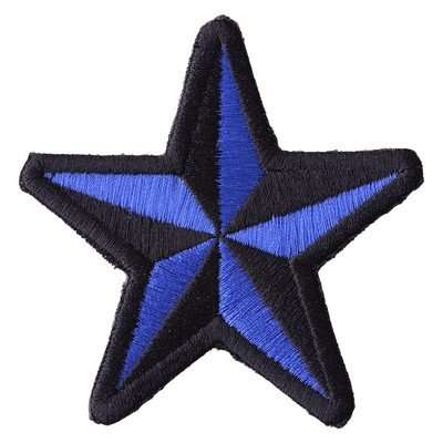 A blue and black embroidered biker patch featuring visible stitching and panels