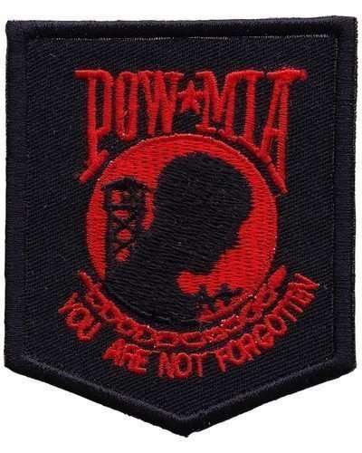 Front view of a black embroidered biker patch with red stitching details