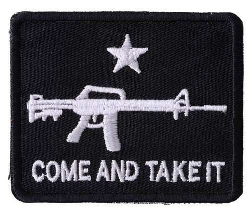 Close-up of a black embroidered biker patch featuring white stitching