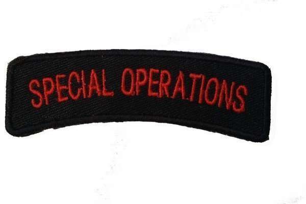 Front view of a black embroidered biker patch with red stitching