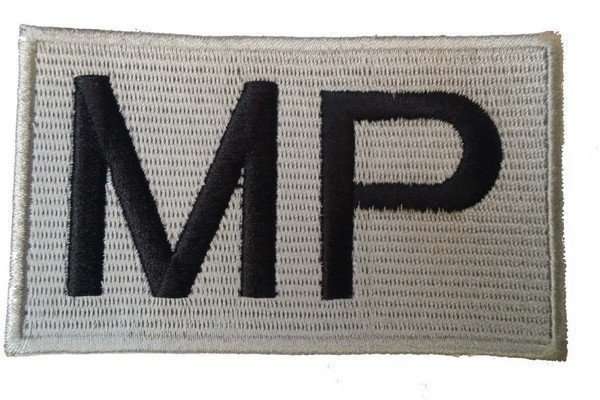 Front view of a white embroidered biker patch featuring black stitching