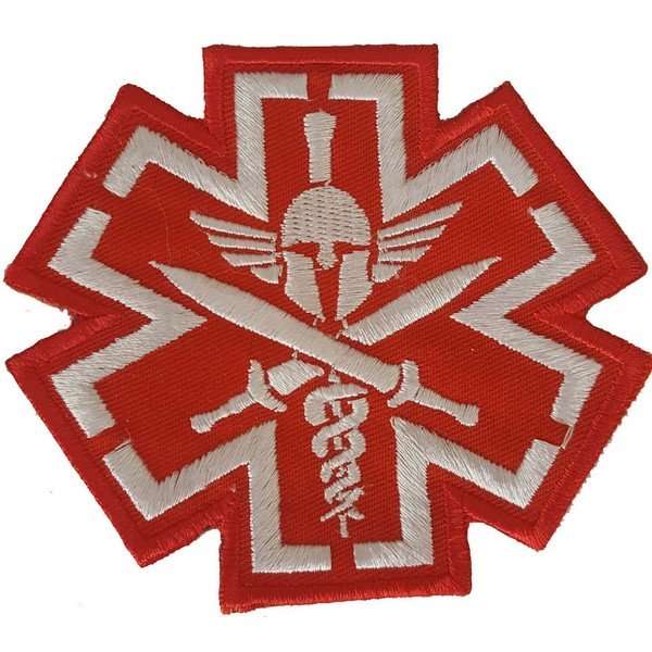 Front close-up of a red embroidered biker patch with dense stitching