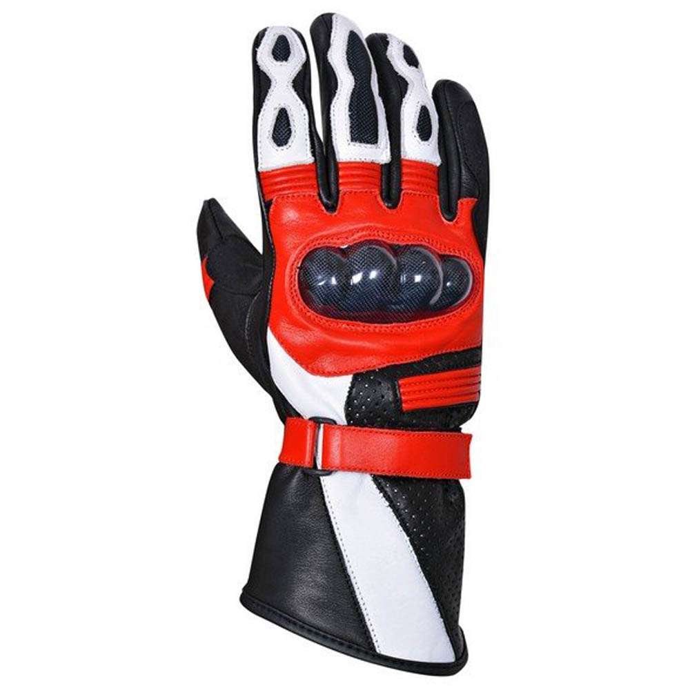 Black &amp; Red leather motorcycle gloves feature carbon/titanium knuckle protection and stretch panels