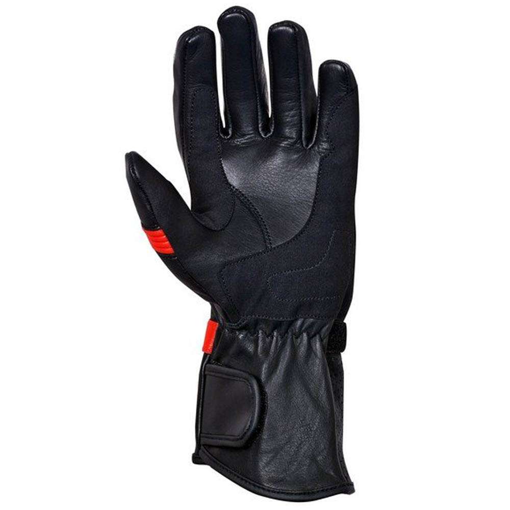 Front view of black cowhide leather motorcycle gloves showing stretch panels and double stitching