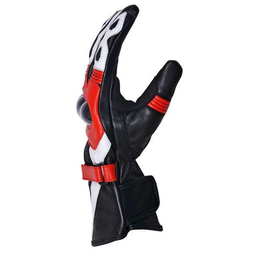 Three-quarter view of black, red, and white cowhide leather motorcycle gloves with stretch panels