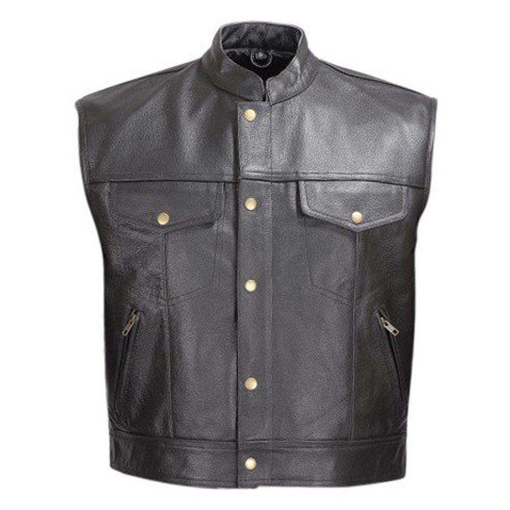 Front view of a black cowhide leather motorcycle vest with front pockets, zips, and snap buttons