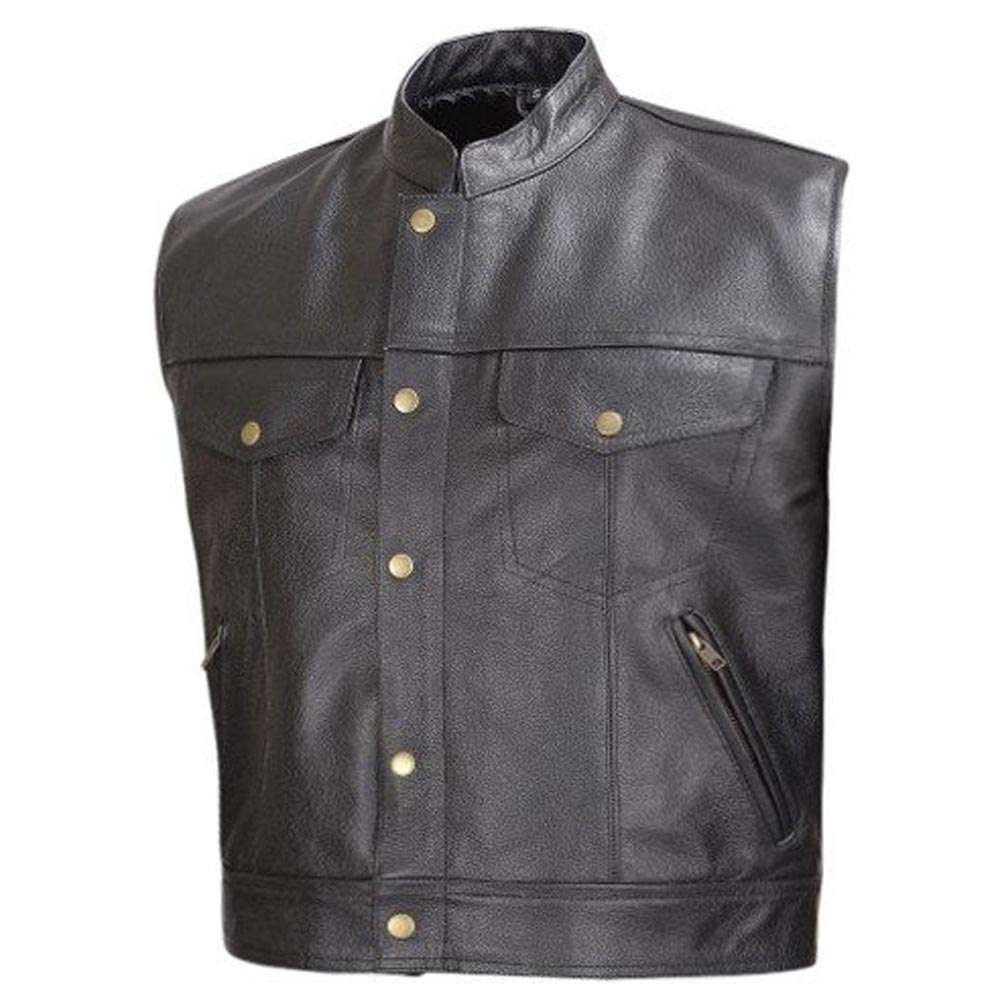 Front view of a black cowhide leather motorcycle vest with front pockets, zips, and a polyester lining