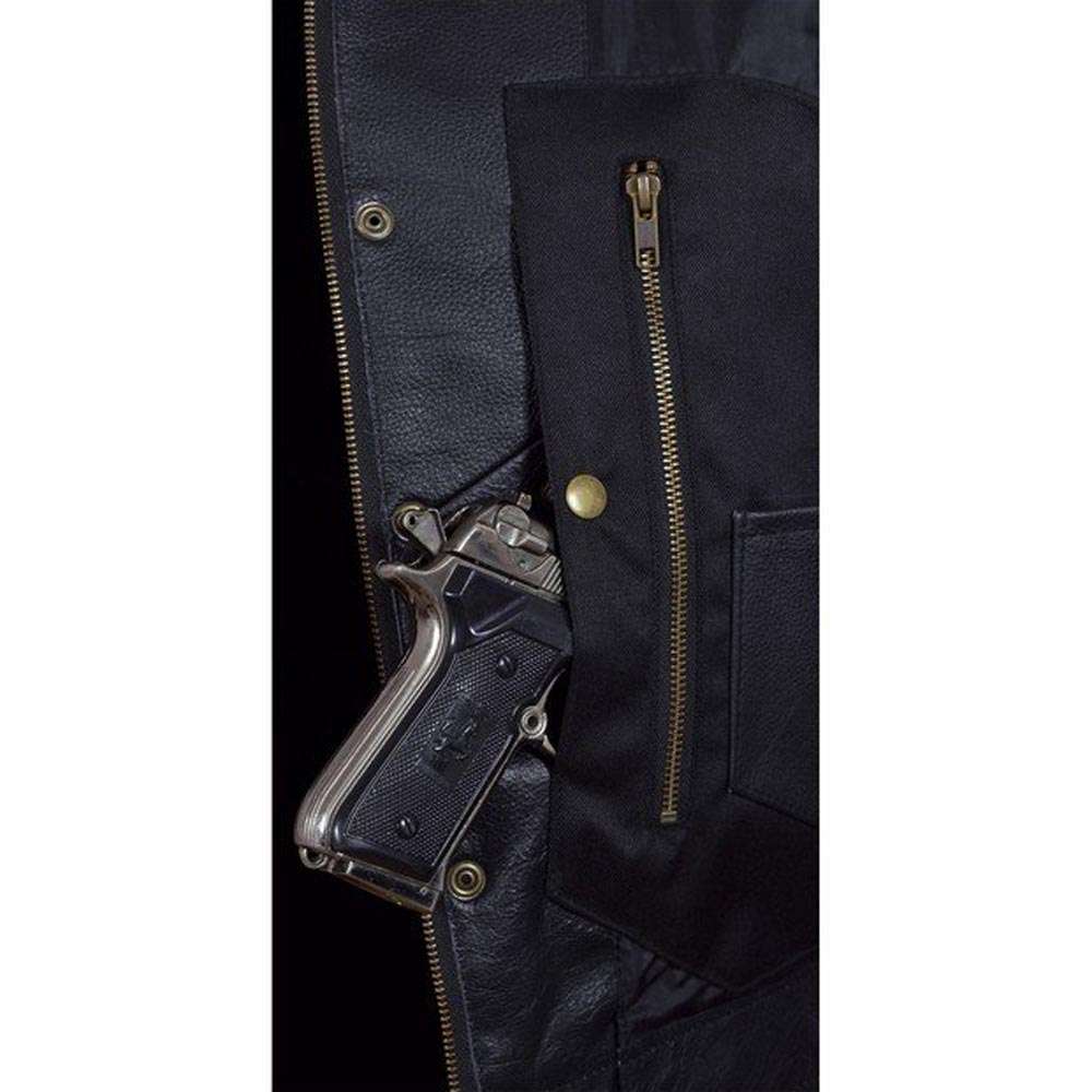 Close-up of a black cowhide leather motorcycle vest featuring a zipped pocket